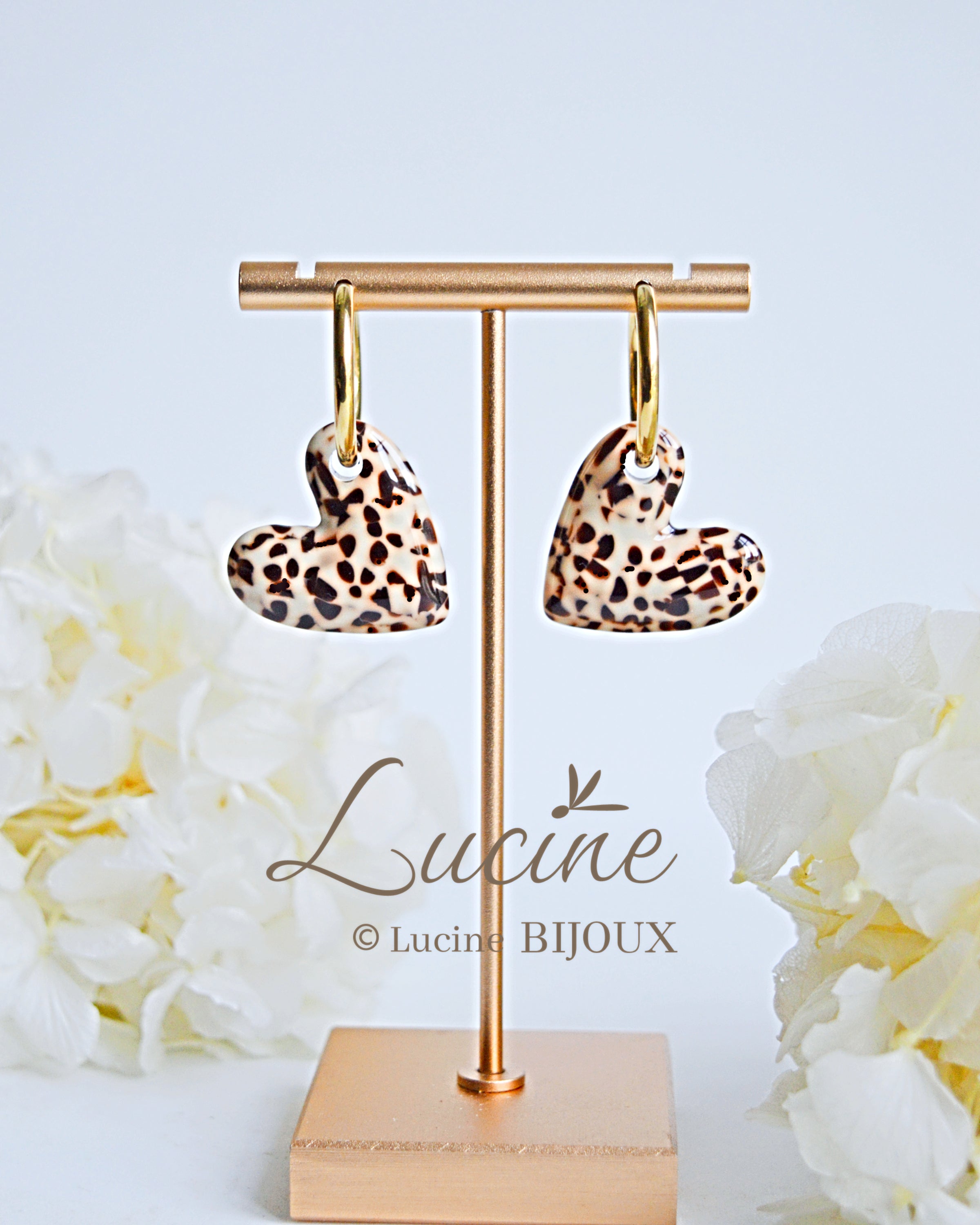 Boucles d'oreilles Constance cœur - léopard beige