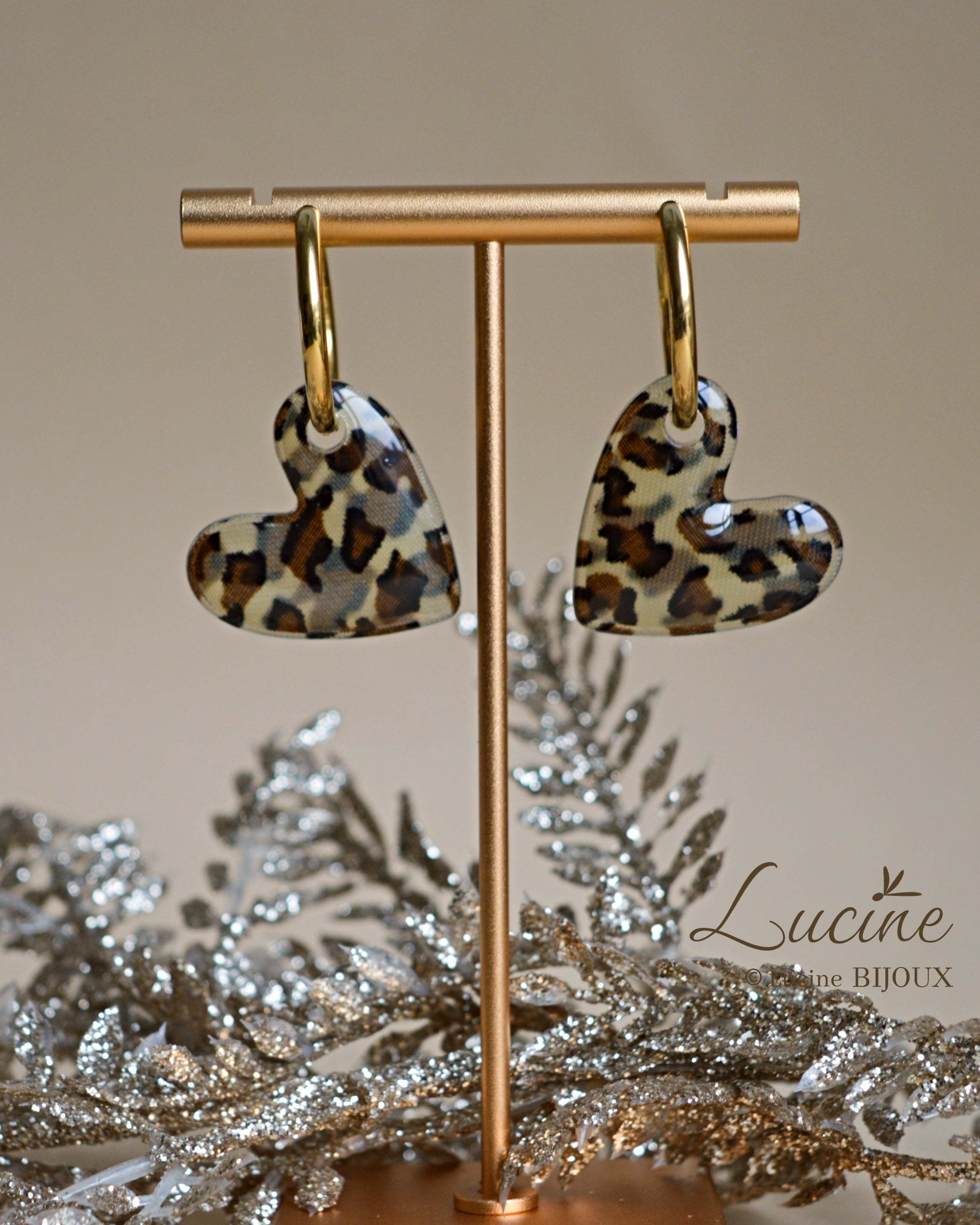 Boucles d'oreilles Constance cœur - léopard